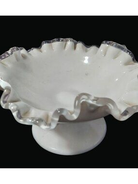 Vintage White Milk Glass Pedestal Bowl With Ruffled Clear Edge T23 E
